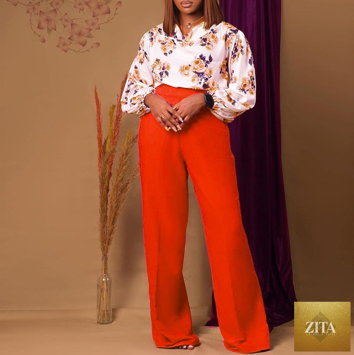 Zita La Belle Elite printed floral lace-up top and wide-leg pants casualwear set in multiple colors, S to 3XL, shown on a model.