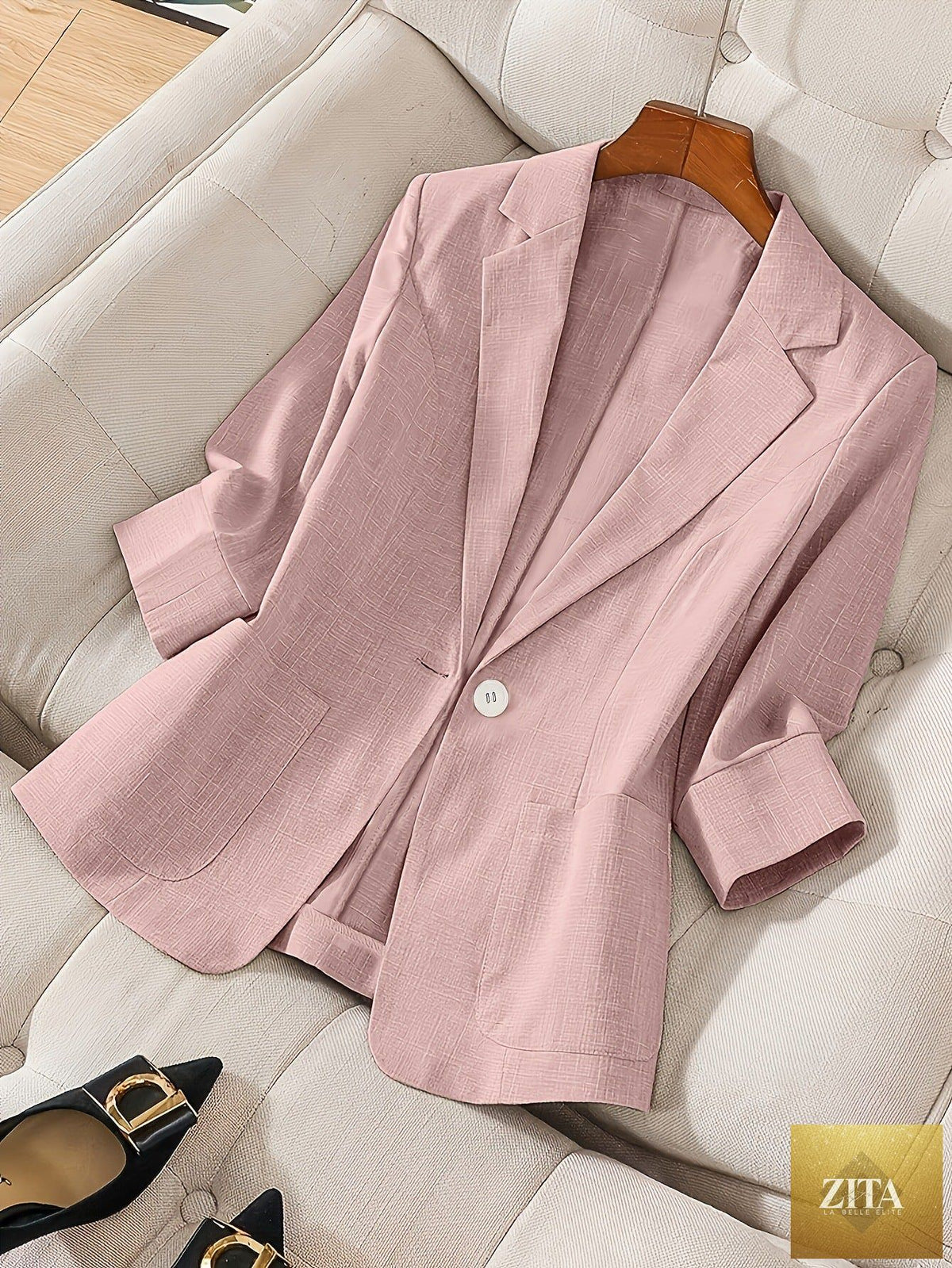 Zita La Belle Elite women's casual blazer with three-quarter sleeves and single-button front, stylish and versatile coat.