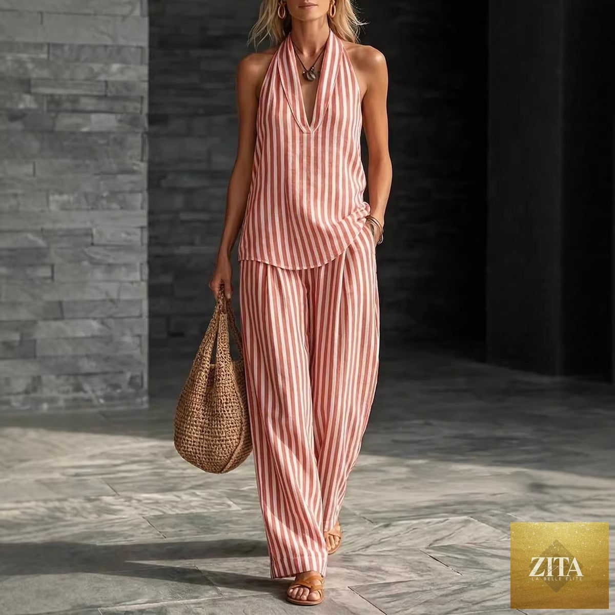 Zita La Belle Elite women's striped sleeveless top and wide-leg pants set, casualwear, stylish 2-piece outfit with vertical stripes.