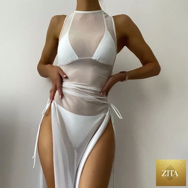 Women's solid color three-piece bikini set with maxi dress cover-up, stylish swimwear by FitiqueFit, displayed on a model.