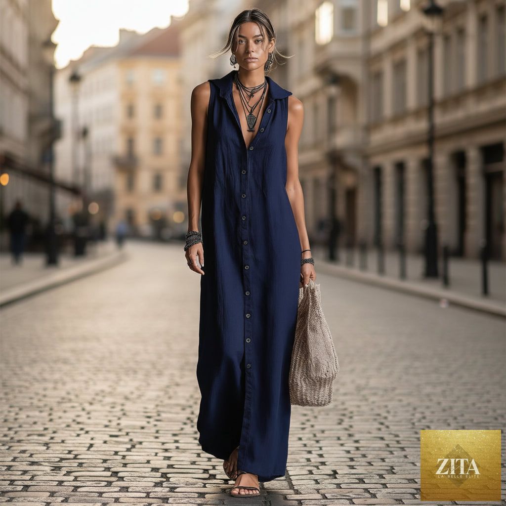 Zita La Belle Elite women's sleeveless deep V-neck hooded loose maxi dress in various colors, shown on a model.