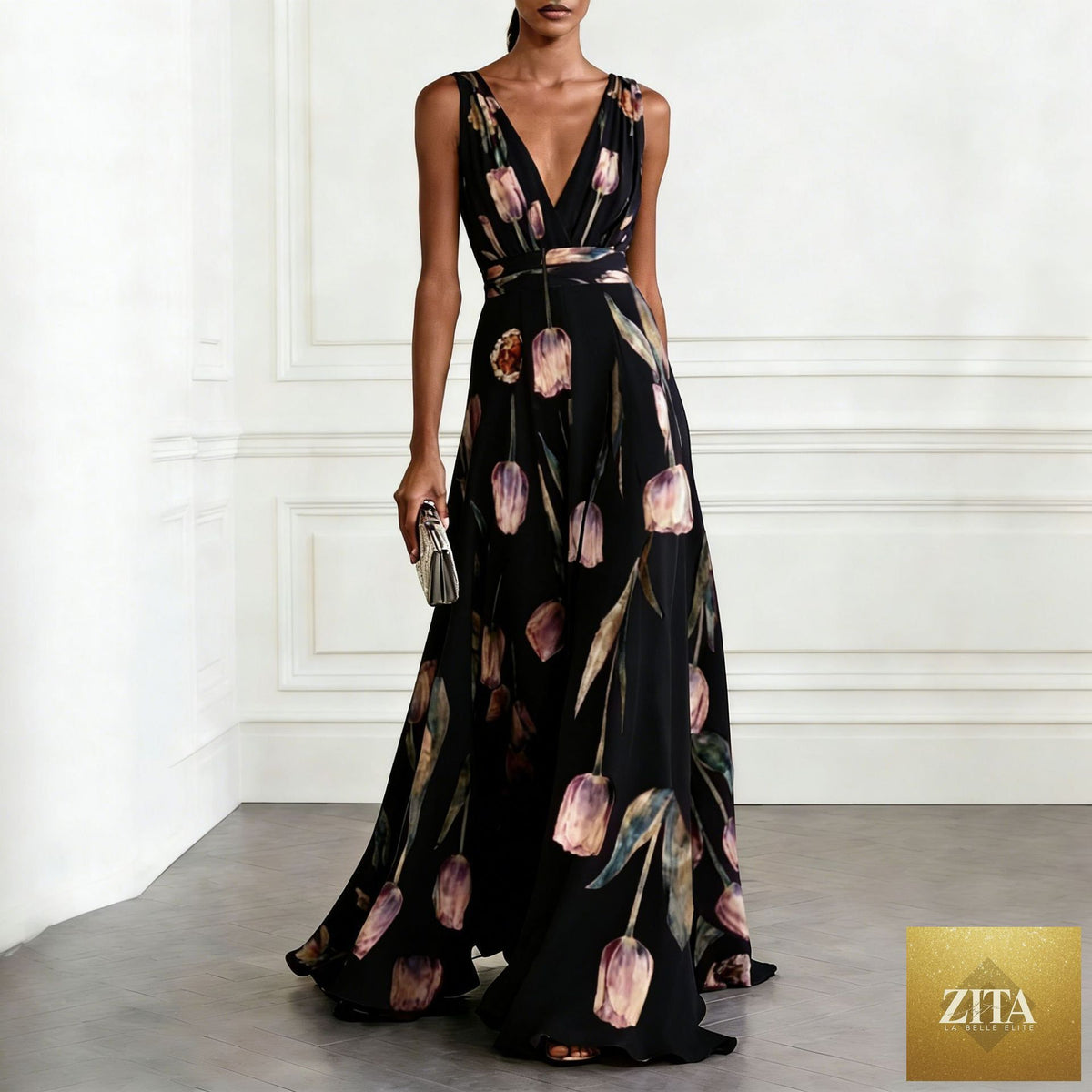 Women's tulip print sleeveless deep V-neck A-line maxi dress by FitiqueFit, featuring a flowing silhouette and vibrant floral pattern.