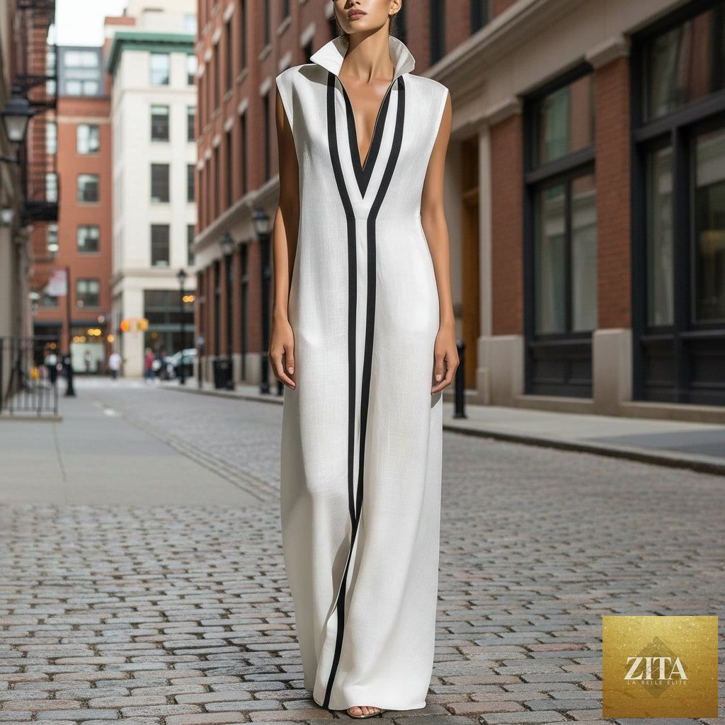 Women's V-neck color-block sleeveless A-line maxi dress by Zita La Belle Elite in four colors, shown in a stylish full-length view.