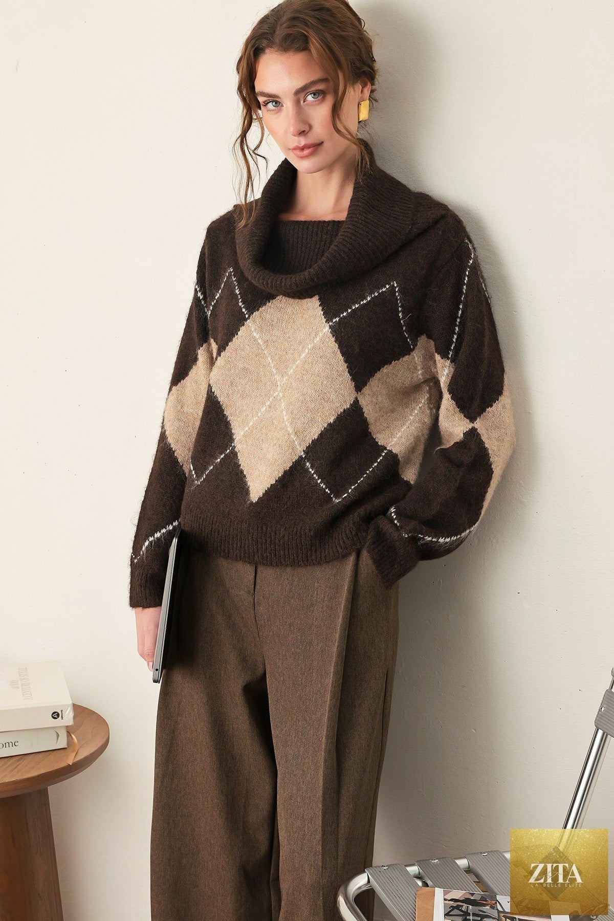COZY MOMENTS BROWN ARGYLE COWL NECK SWEATER