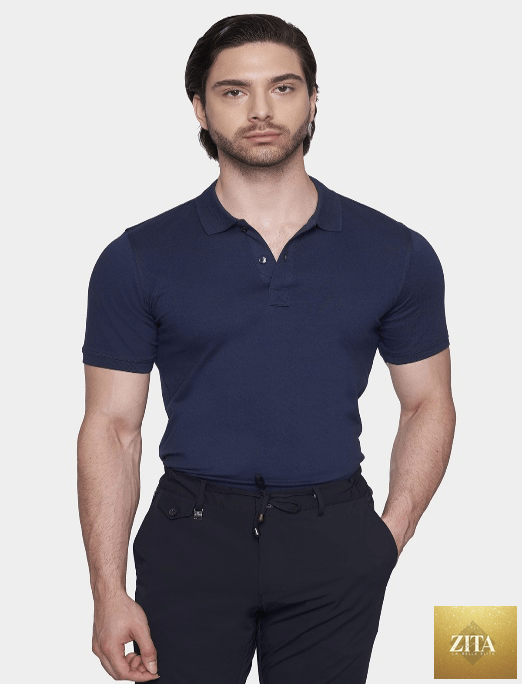 Navy essential shirt from Bright Moons, shown flat with front view, soft fabric, and classic collar, perfect for casual or professional wear.