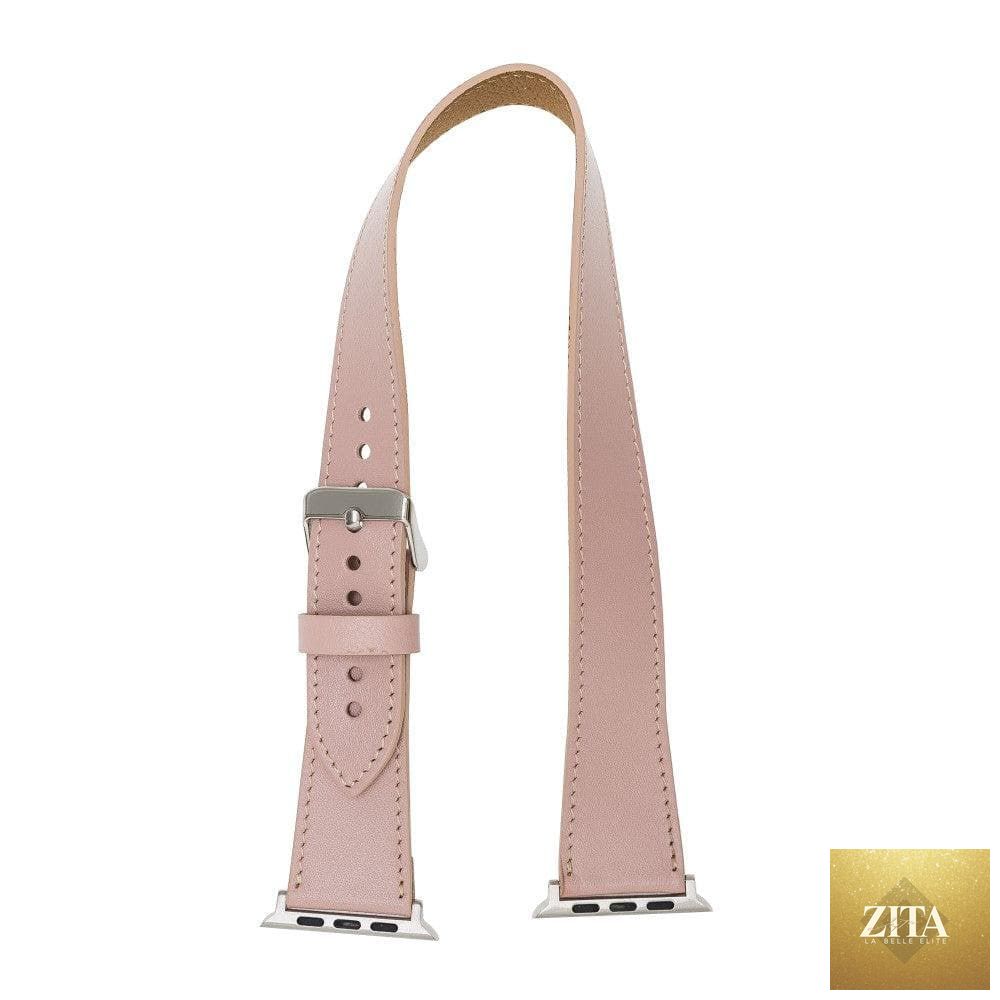 Luxury double wrap pink leather Apple Watch band by LEATHERE, featuring a sleek design and secure clasp for stylish wear.
