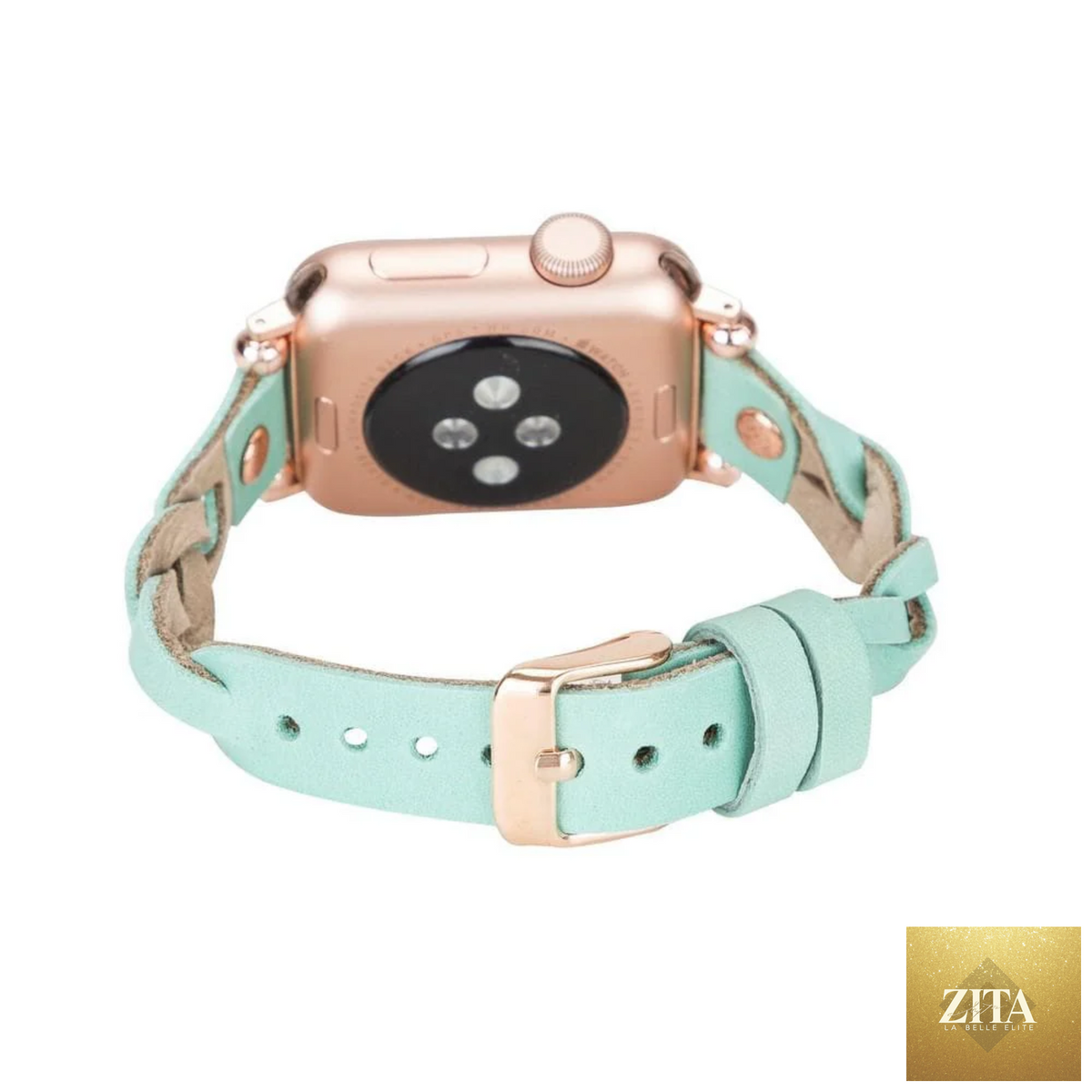 Leather Apple Watch band in mint green with braided leather design by LEATHERE, designed for Apple Watch series.