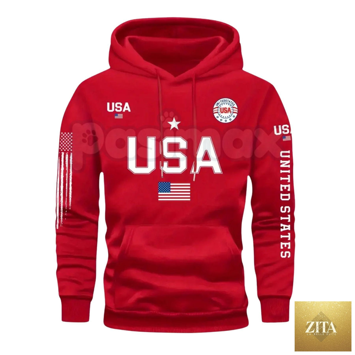 Pasimax Patriot USA flag print hoodie for men featuring vintage stars and stripes graphic, made in the USA, fleece sweatshirt.