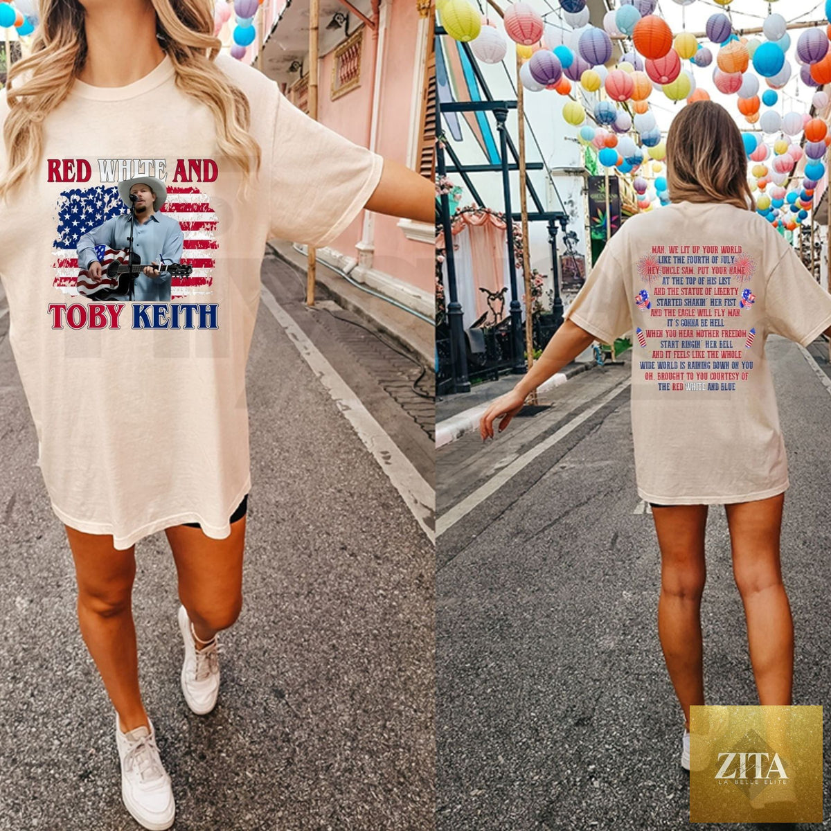 Zita La Belle Elite patriotic T-shirt featuring Toby Keith's "Courtesy of the Red, White, and Blue" tribute for country music fans