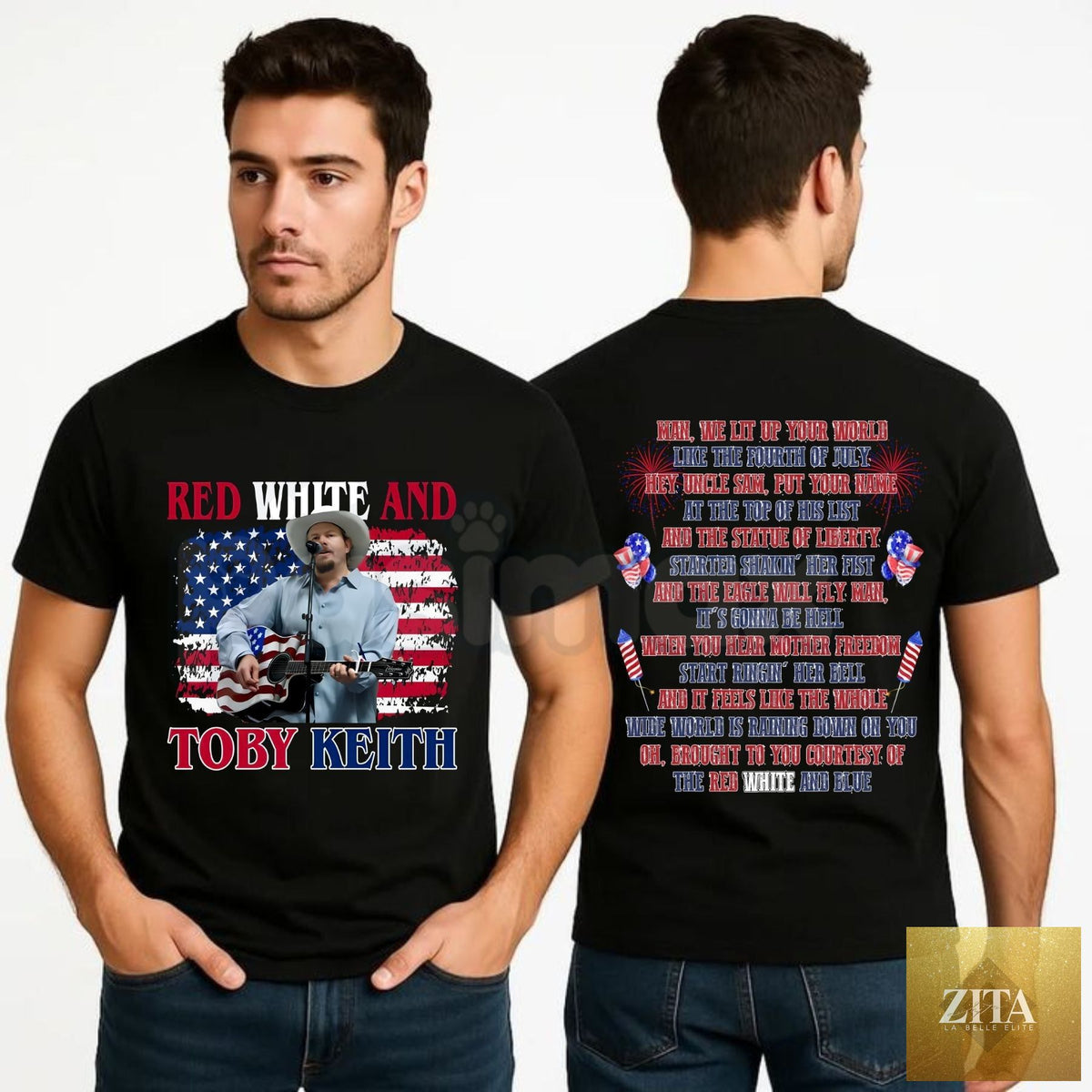 Pasimax Toby Keith patriotic T-shirt featuring red, white, and blue graphic, made of 100% cotton, honoring American soldiers.
