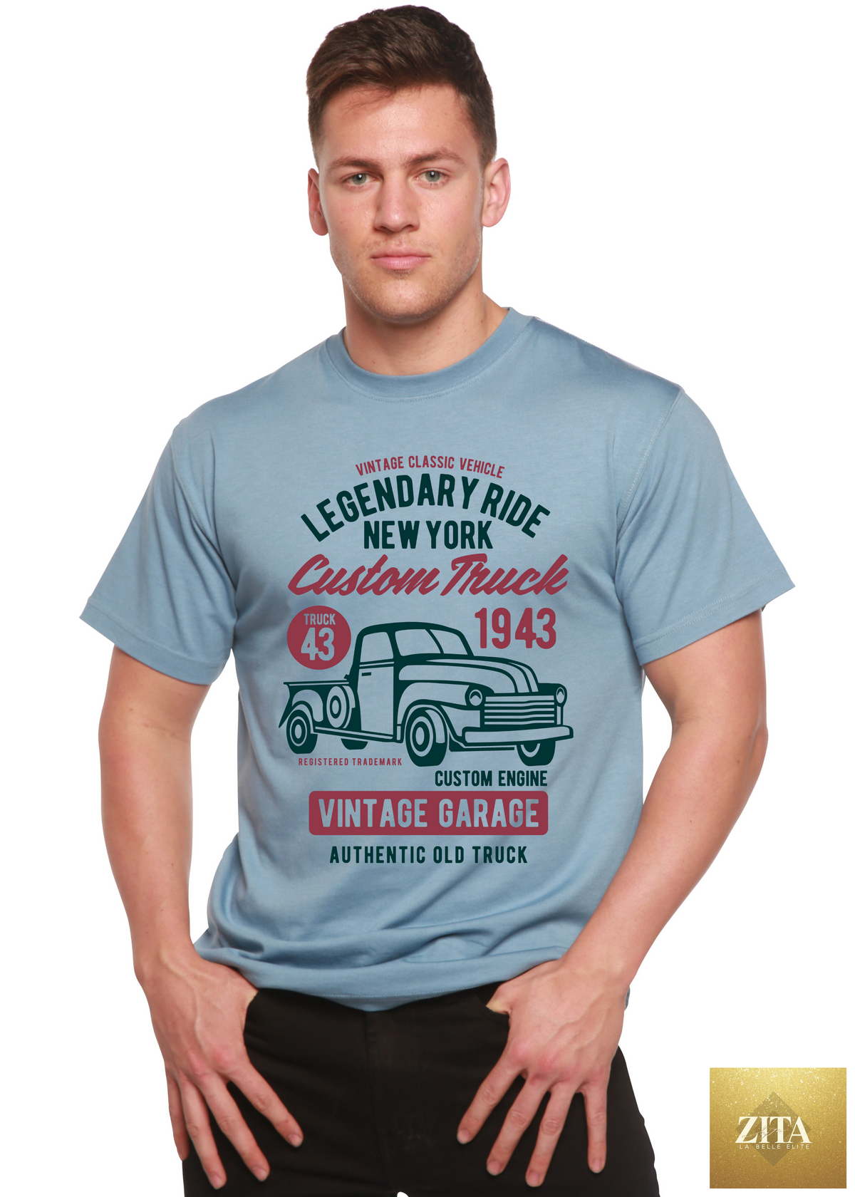 Spun Bamboo Legendary Ride Custom Truck men's graphic T-shirt with short sleeves and bamboo viscose organic cotton fabric.