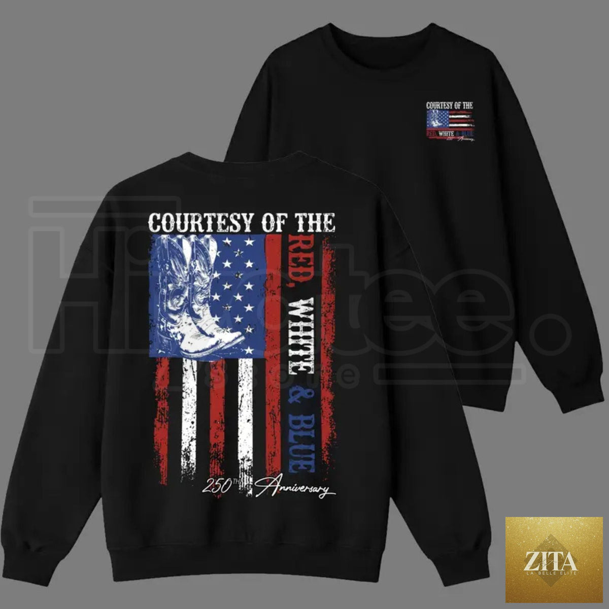 Zita La Belle Elite's "Courtesy Of Red White & Blue" 250th Anniversary patriotic country music album cover with red, white, and blue design elements.