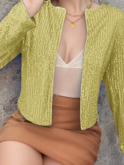 Stevvex women's full-size sequin cropped jacket with open front and glamorous sparkle, perfect for party and evening wear.