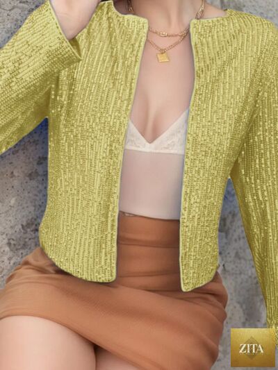 Zita La Belle Elite women's full-size sequin cropped party jacket with open front and glamorous sparkle detail.