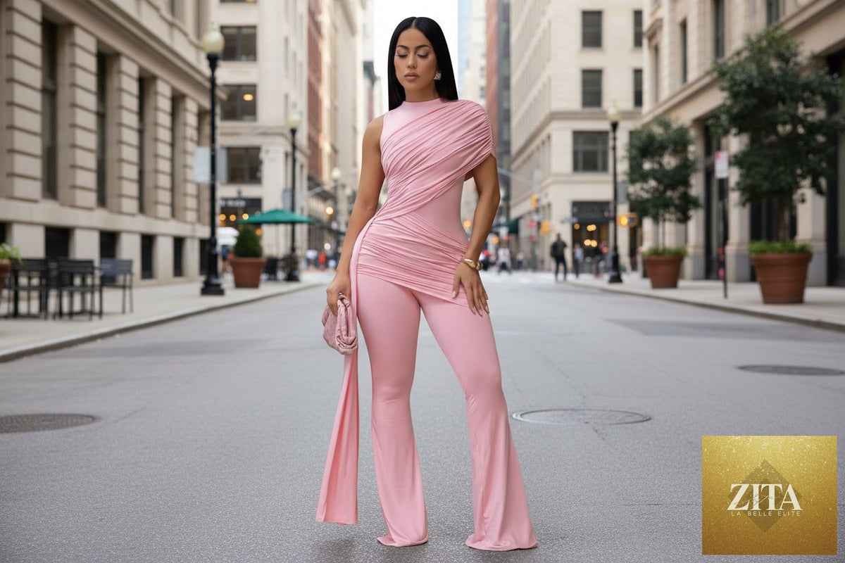 Women's Zita La Belle Elite casual crew-neck pleated ribbon flare jumpsuit, featuring a stylish fit and flowing design.