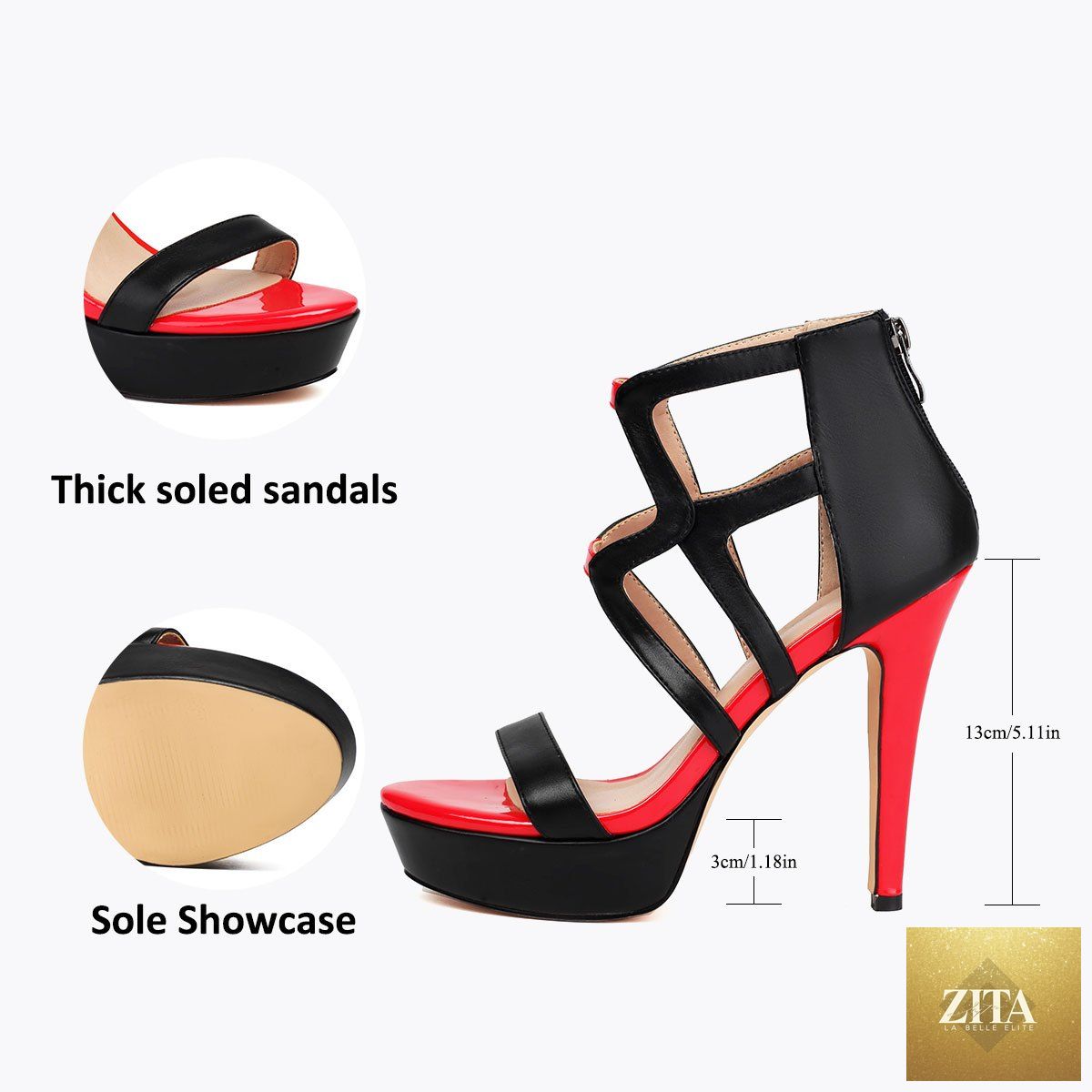Black and red platform heels with bold strappy design, women's shoes from Trendy Attic Store01.