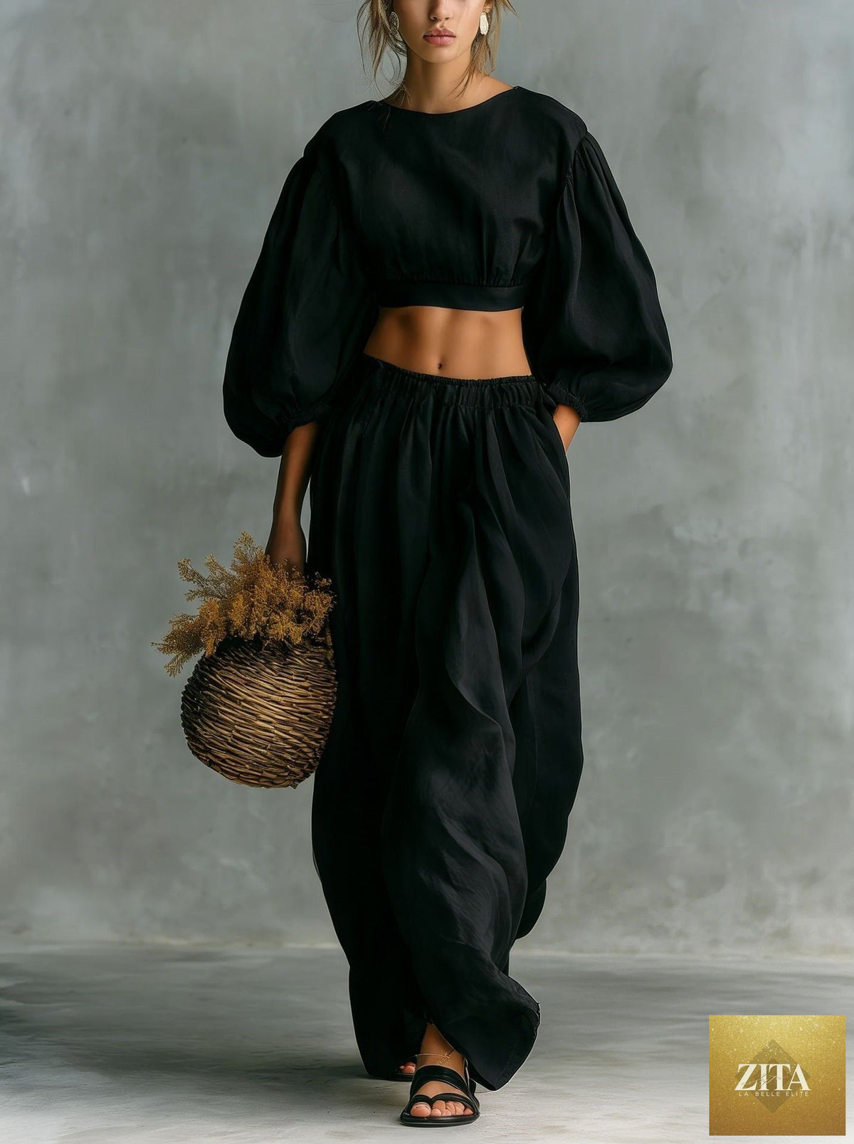 Zita La Belle Elite women's casual puff-sleeve crew-neck two-piece set with pockets, featuring a relaxed fit and comfortable fabric.