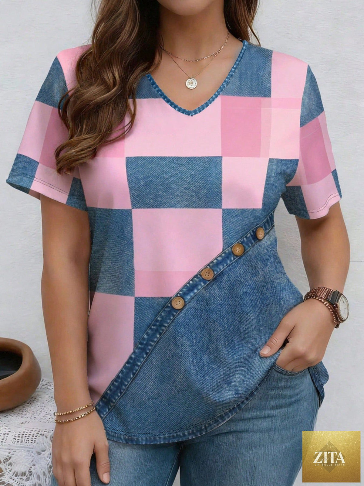 Zita La Belle Elite V-neck denim print short sleeve casual T-shirt with loose fit and relaxed style.