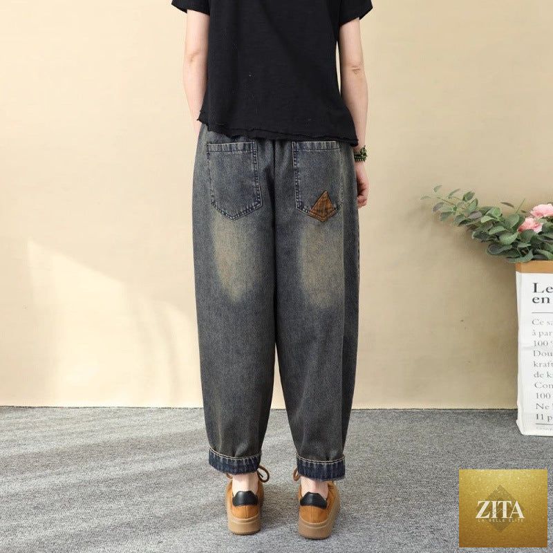 Women's patchwork embroidered cropped harem pants by Zita La Belle Elite, high waist denim with wide-leg casual style.