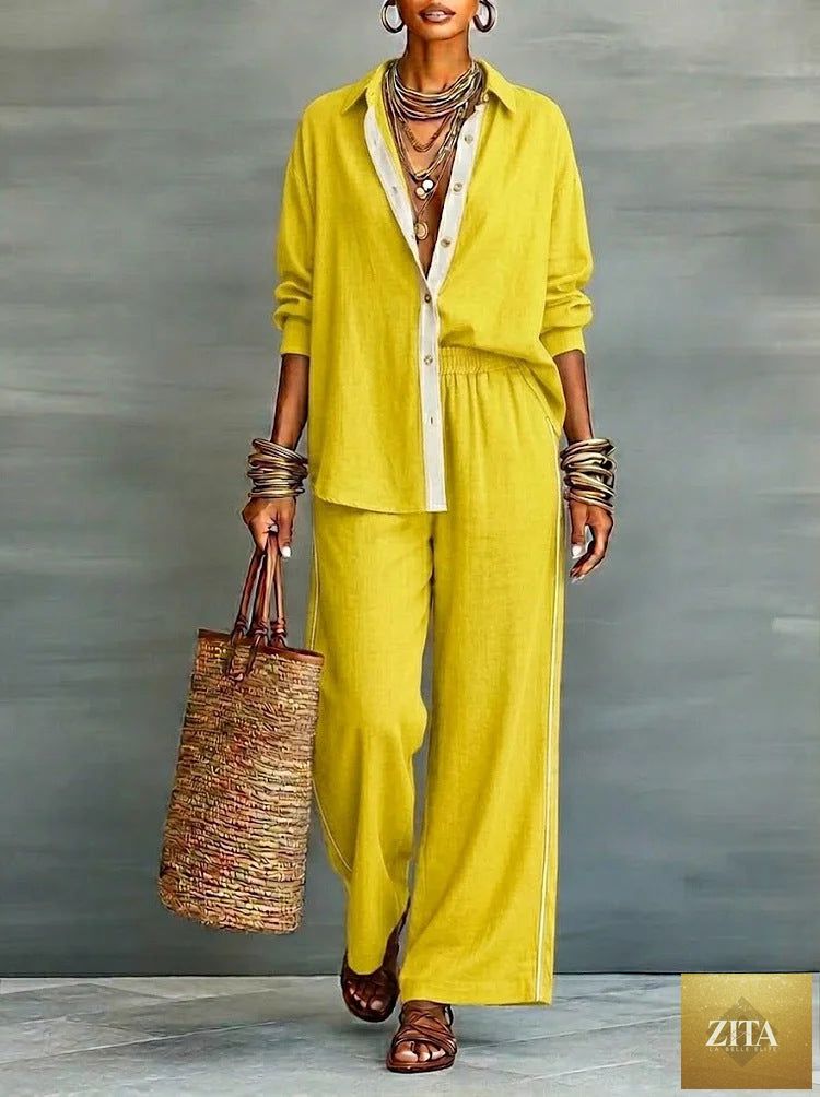 Zita La Belle Elite contrast-color long-sleeve shirt and pants casualwear set, featuring a stylish two-piece design for everyday wear.