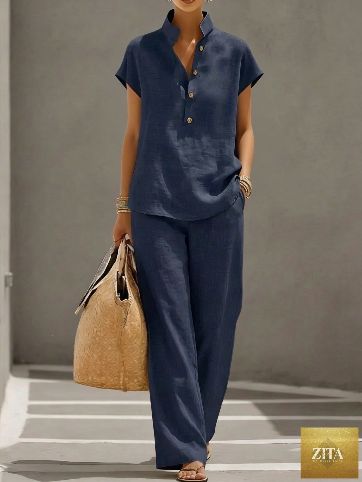 Zita La Belle Elite three-piece casual lounge set with solid cardigan, short sleeve top, and pants in neutral color.