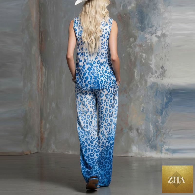 Zita La Belle Elite casualwear loose-fit leopard-print sleeveless shirt and matching trousers two-piece set displayed on a model.