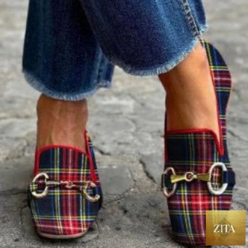 Women's plaid square toe flats by FitiqueFit featuring red and blue buckle casual shoes with a stylish, comfortable design.