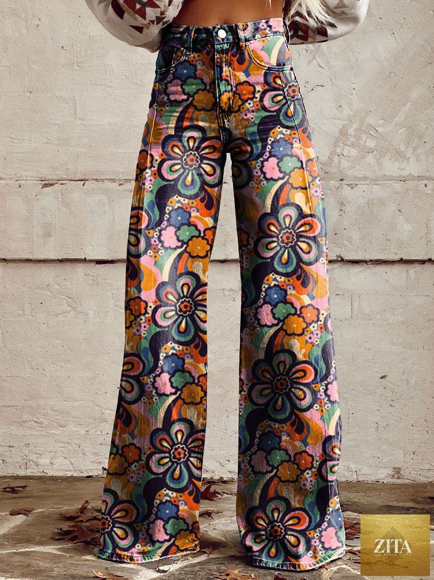 Women's printed flare pants by Zita La Belle Elite, full-length plus size casualwear with a mid-waist fit and vibrant pattern.