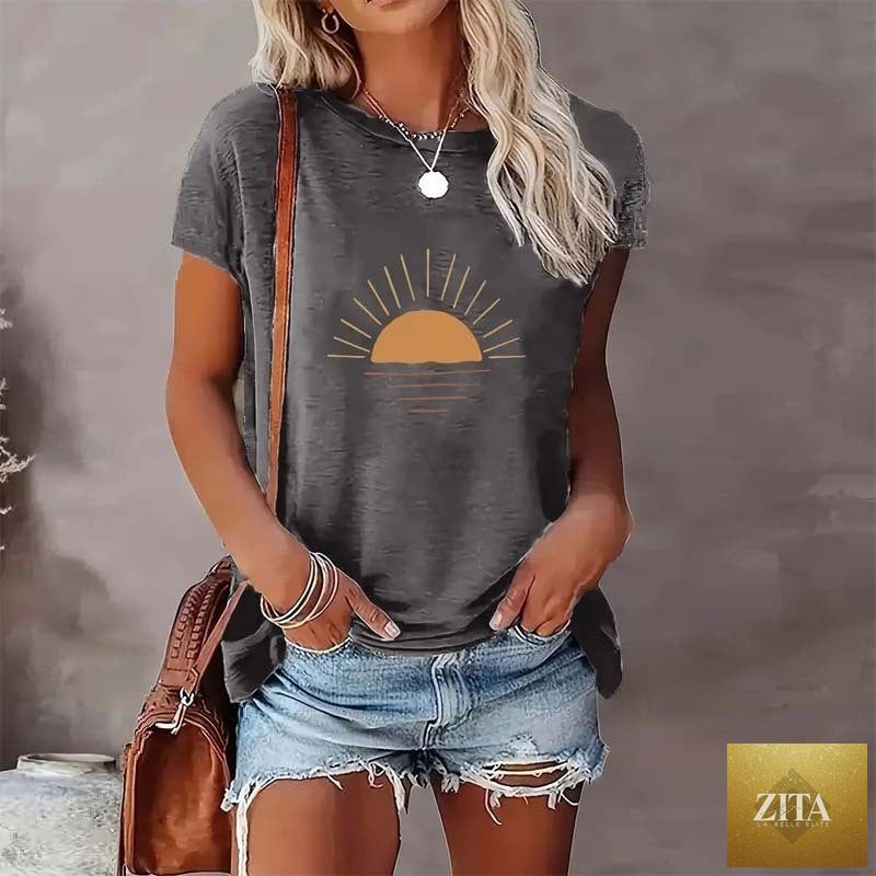 Zita La Belle Elite Sunrise Print round neck casual T-shirt featuring a vibrant sunrise design on soft fabric.