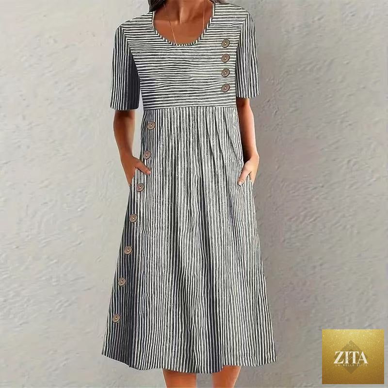 Zita La Belle Elite button-down swing maxi dress with short sleeves, pockets, and a pullover design, flowing long dress.