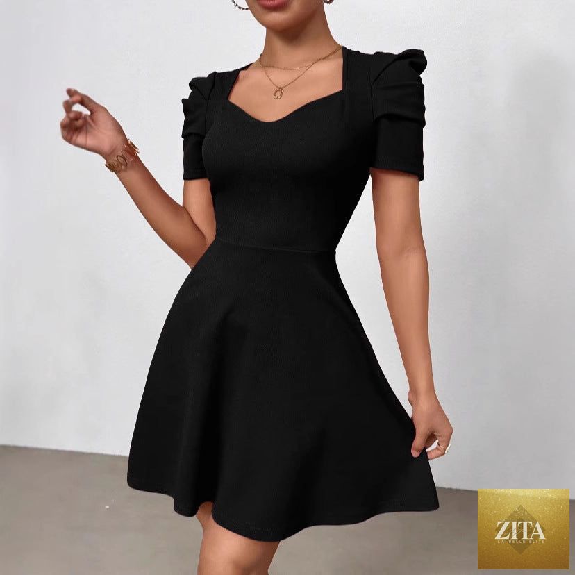 Women's boat neck high-waist mini dress with zipper patchwork by Zita La Belle Elite, casualwear style on a mannequin.