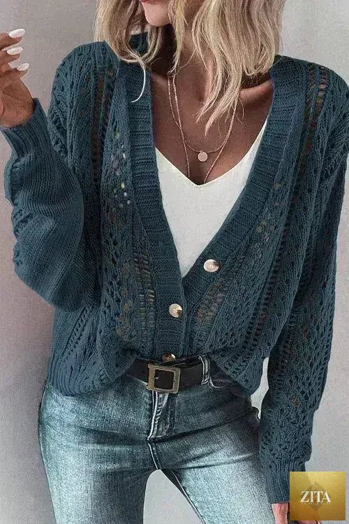Dark khaki Femstylo open knit cardigan with drop shoulder design, cotton-acrylic blend sweater for a relaxed, stylish look.
