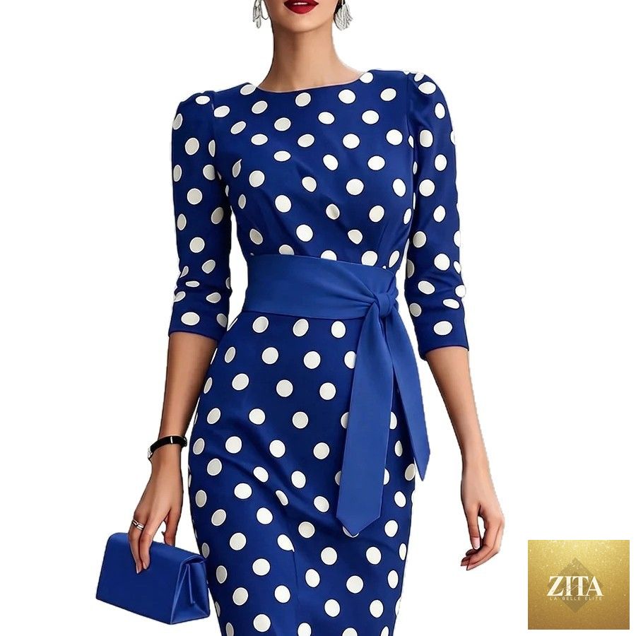 Women's retro polka-dot bodycon midi dress by Zita La Belle Elite with belt and cross-tie, casualwear style, shown on a model.