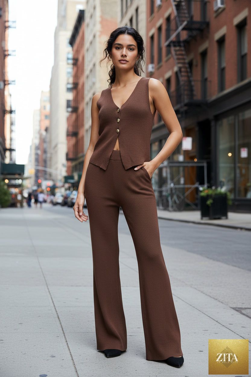Casual beach bohemian wide-leg pants set by FitiqueFit, sleeveless two-piece outfit with flowing fabric and relaxed fit.