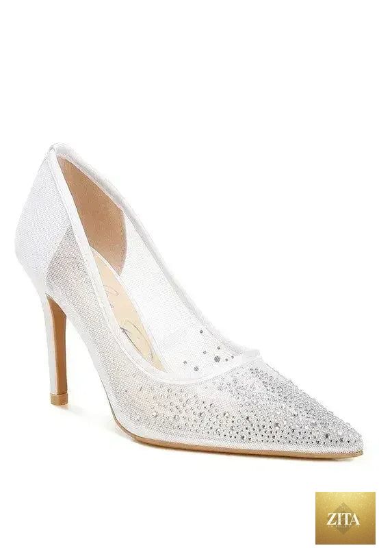 Zita La Belle Elite high ball mesh rhinestone stiletto pumps with pointed toes and glittering embellishments, stylish heels for women.