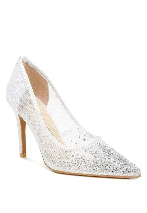 Femstylo high ball mesh rhinestone stiletto pumps with pointed toes and sparkling embellishments, showcasing elegant heel design.