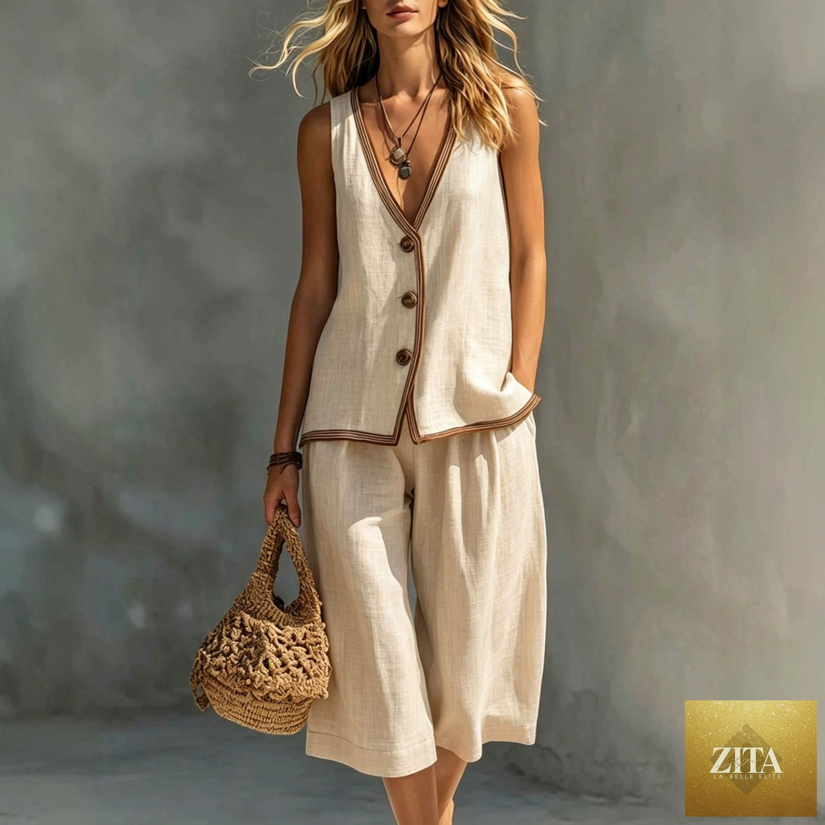 Women's sleeveless buttoned vest and shorts casual two-piece set by FitiqueFit, featuring a stylish sleeveless top and matching shorts.