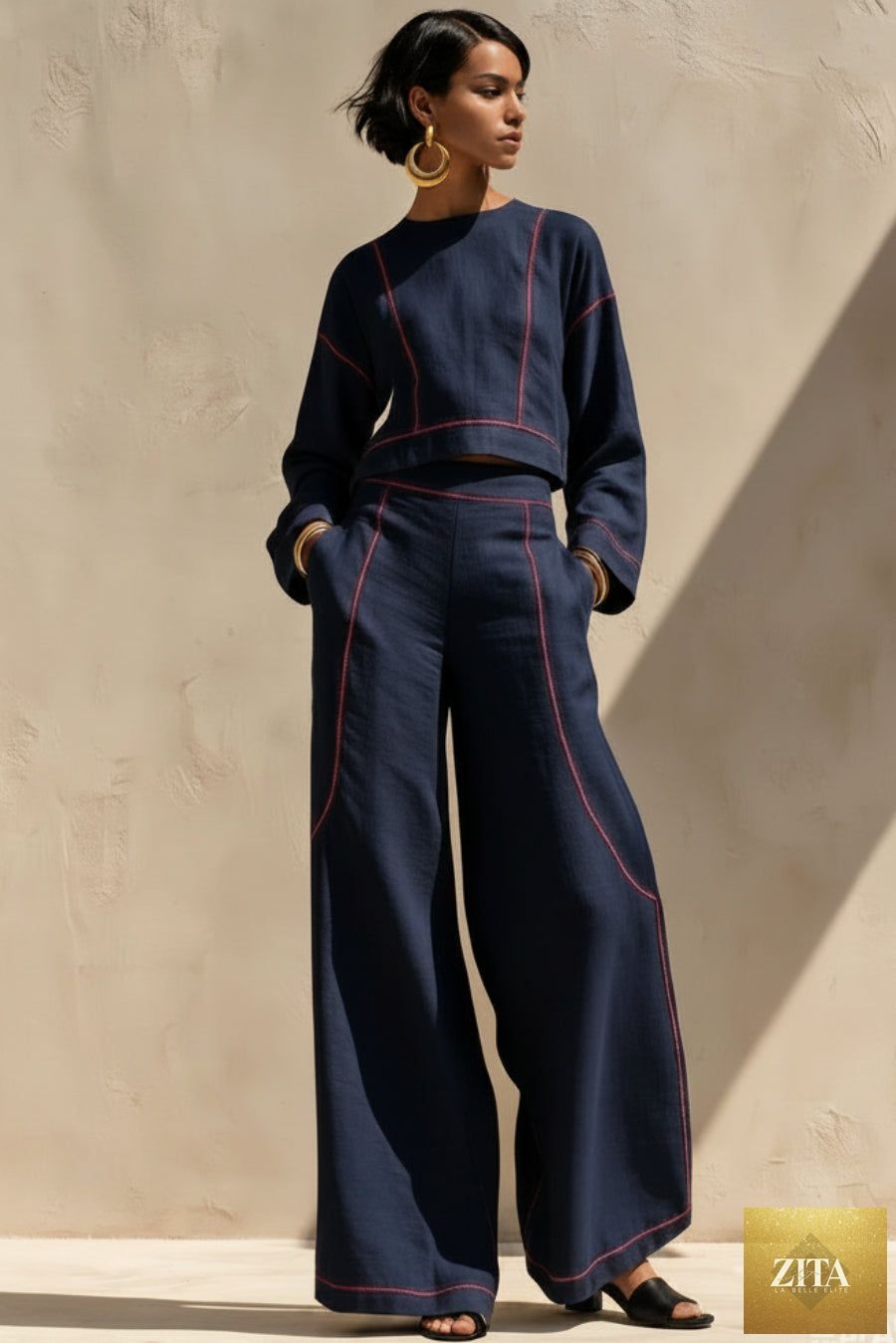 Women's Cropped Long-Sleeve Top & Ultra-Wide Palazzo Pants Set