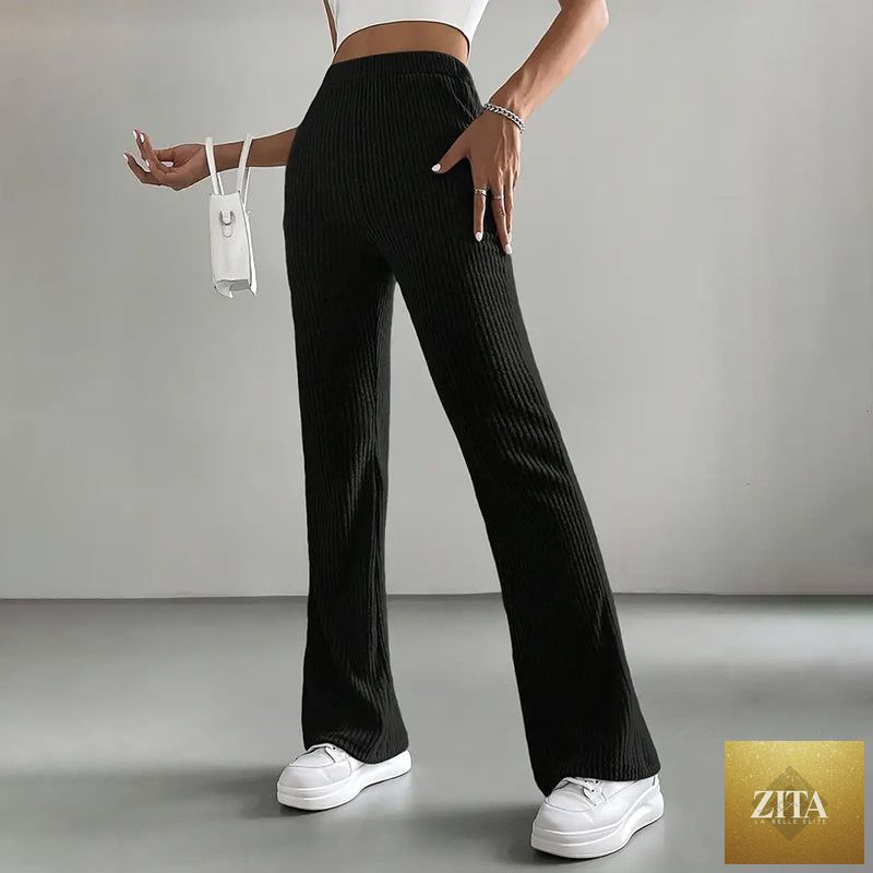 Solid rib-knit pull-on jogger pants for women by FitiqueFit, featuring a relaxed fit and casual style.