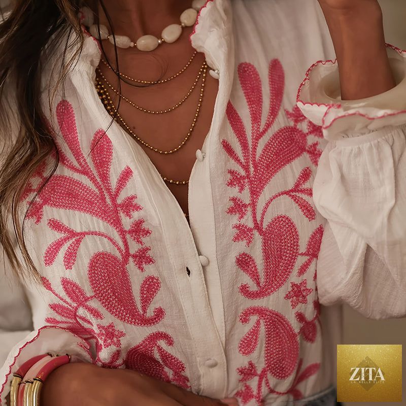 FitiqueFit boho floral ruffle blouse with V-neck, lantern sleeves, and button-down front, perfect for casualwear.