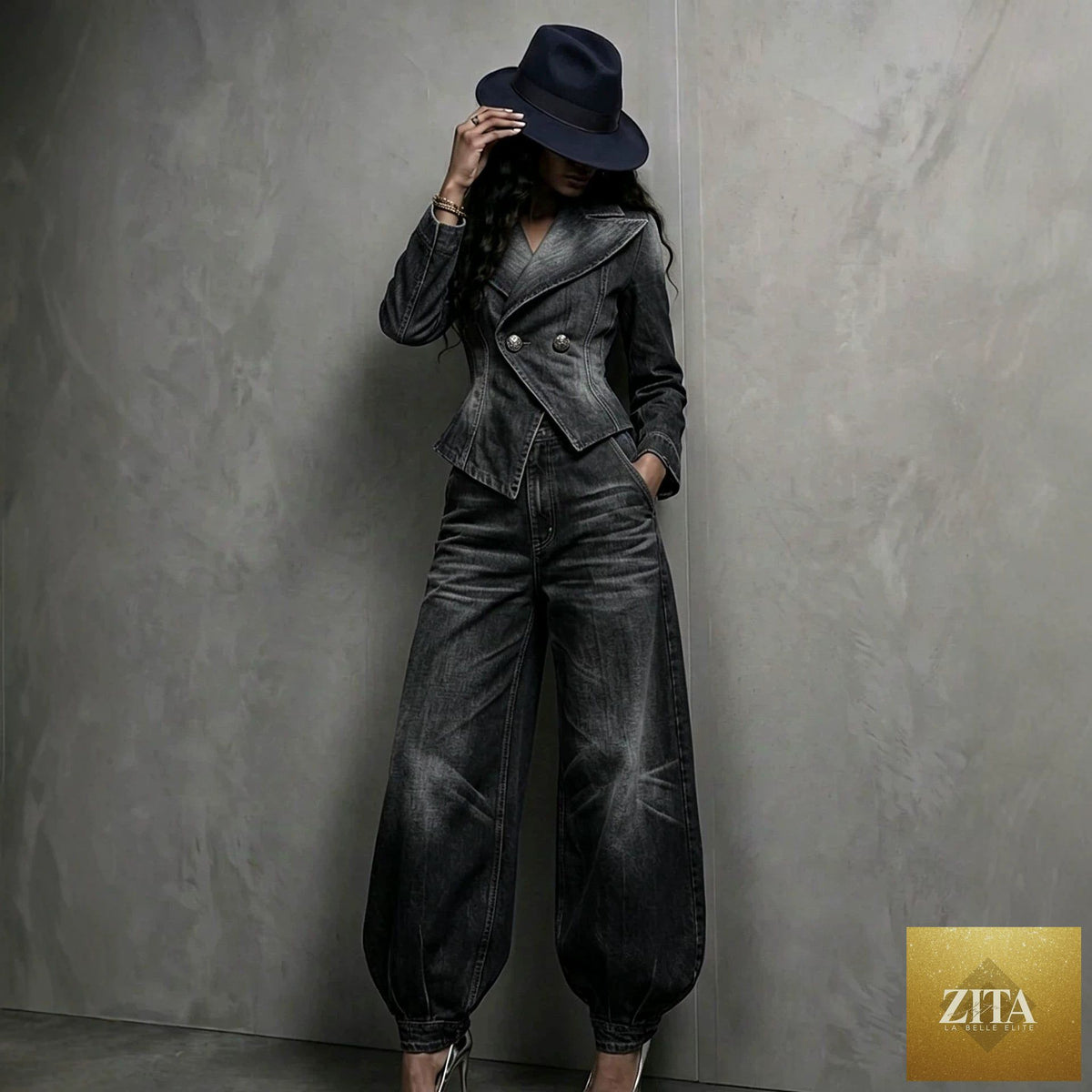 Women's washed distressed denim two-piece set with asymmetric double-breasted jacket and balloon-leg trousers by MERIDGE.