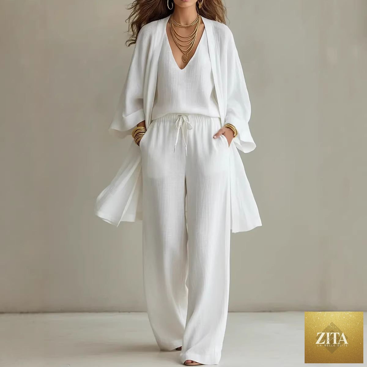Zita La Belle Elite women's casual three-piece set with V-neck cardigan coat, pocket vest, and long pants in soft fabric.