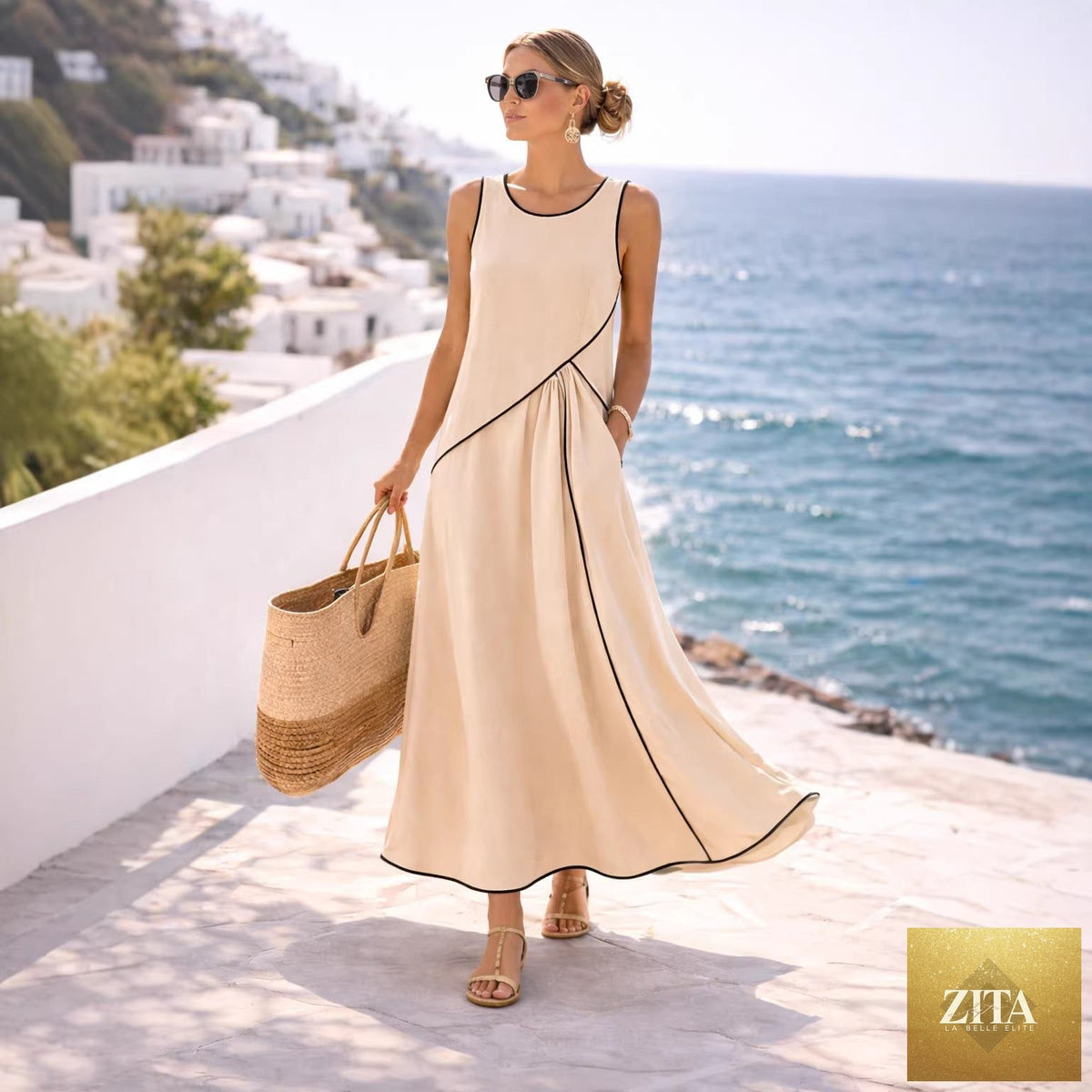 FitiqueFit Mediterranean Contrast Color Vacation Dress in various colors, casualwear with a relaxed fit and vibrant design.