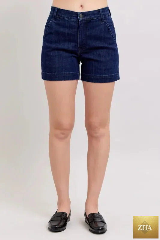Wild and Free Boutique Judy Blue high waist denim shorts in plus size, featuring a stylish cut and classic blue denim fabric.