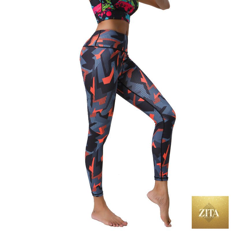 Women’s high-waisted stretchy printed yoga fitness pants with colorful patterns, designed for comfortable workout wear.