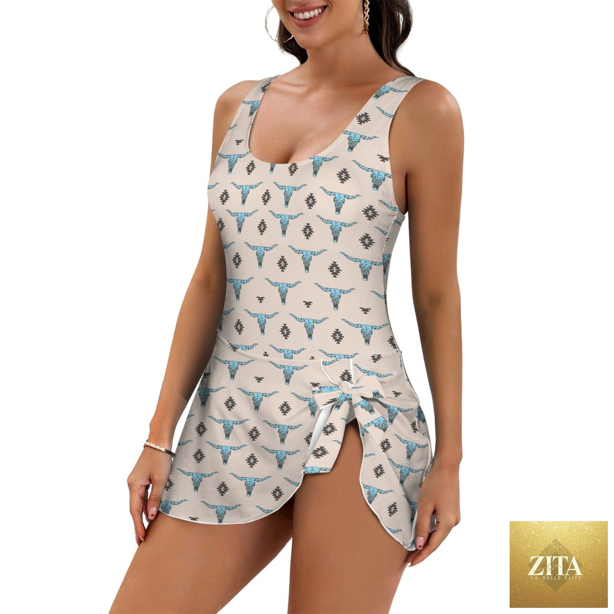 Turquoise Longhorn Skirted Swimsuit by Baha Ranch Western Wear, one-piece swimsuit with longhorn design and skirted bottom.