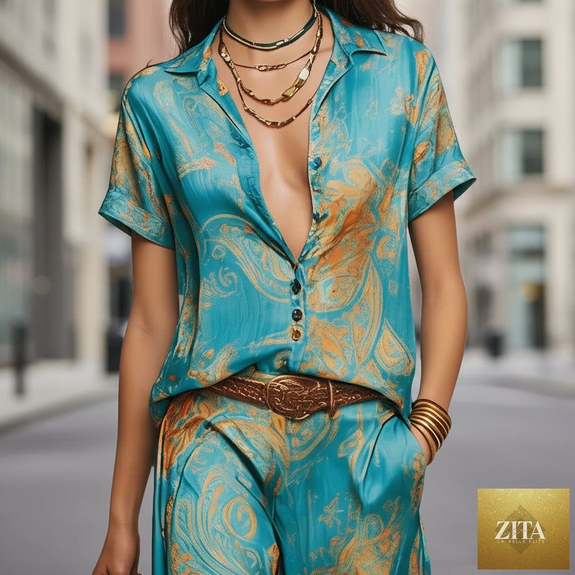 Women's Bohemian printed resort two-piece casualwear set from Zita La Belle Elite with 3/4 sleeve shirt and matching pants.