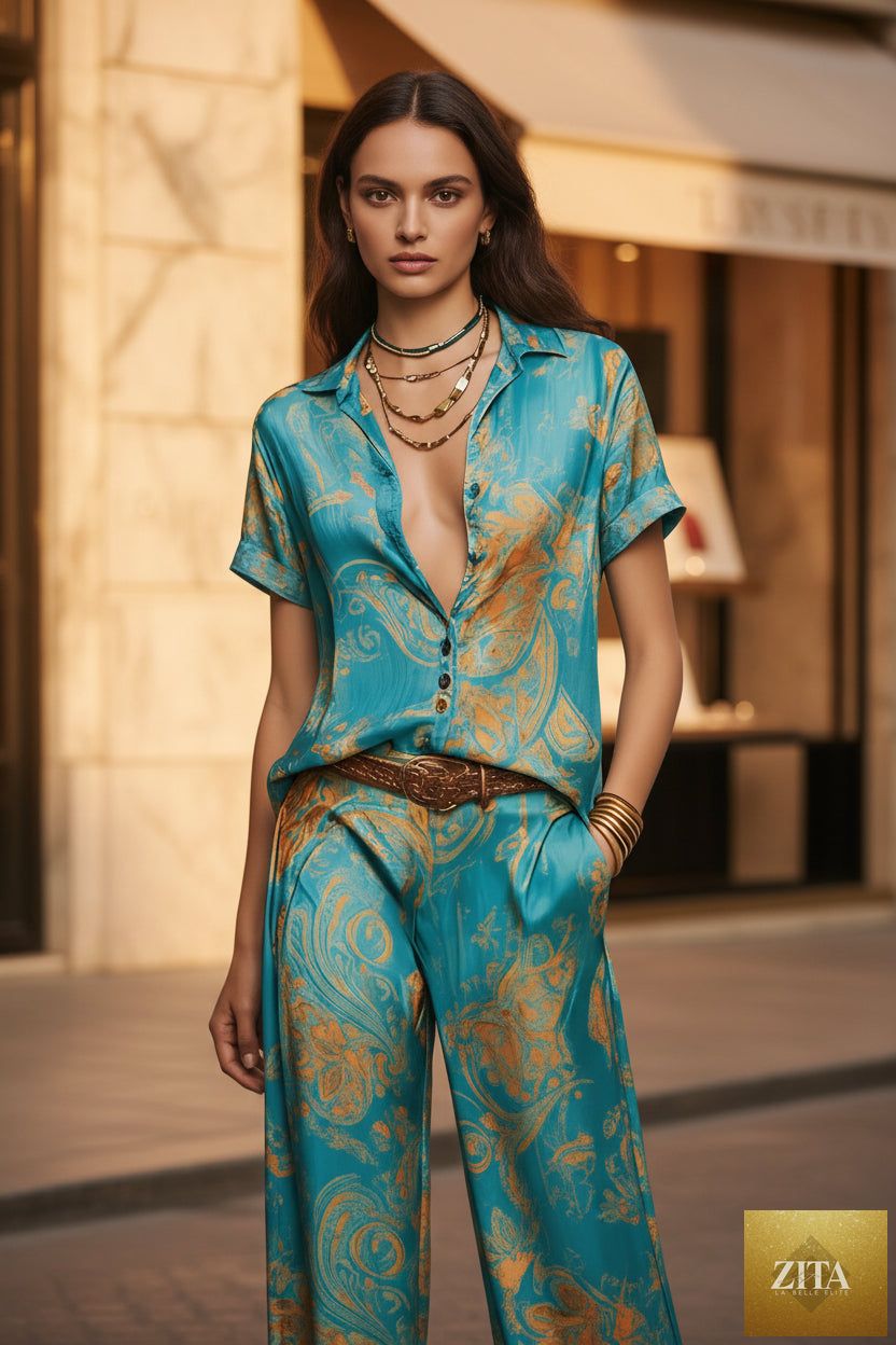 Women's Marble Swirl Print Satin-Look Short Sleeve Shirt & Wide-Leg Pants Resort Set