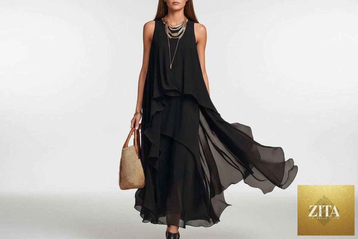 Black FitiqueFit asymmetrical ruffle mesh chiffon sleeveless maxi dress, casualwear style, shown in size XS to XXL.