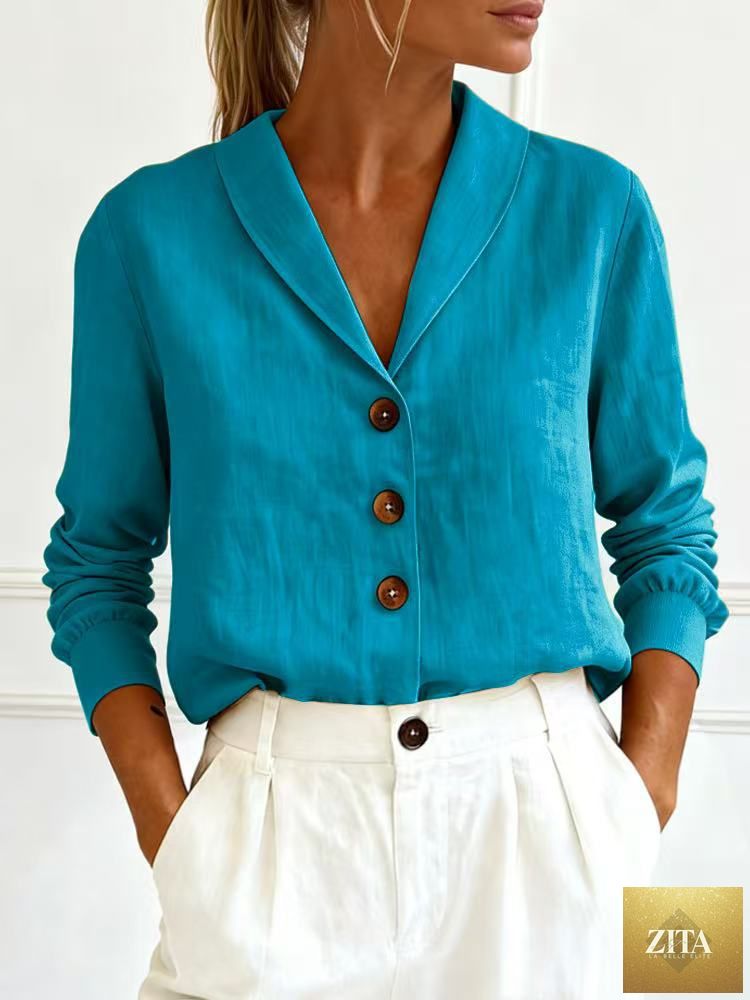 Zita La Belle Elite women's cotton-linen peter pan collar button-up shirt in various colors, featuring long sleeves and a relaxed fit.